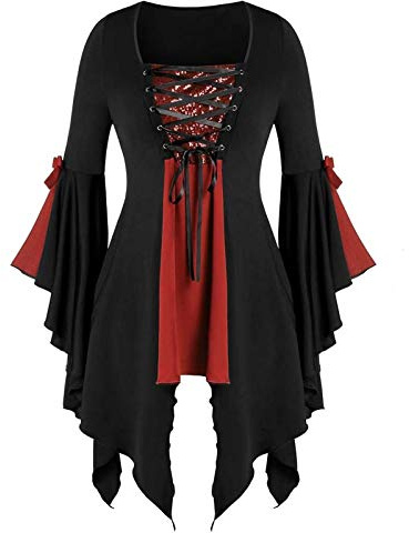 Oberteile Damen Fledermaus Vintage Bluse mit Rüschen Ärmel Mittelalter Kostüme Damen Schulterfreie Blusentops Halloween Kostüm Damen Sexy Vampir Gothic Bekleidung Kanerval