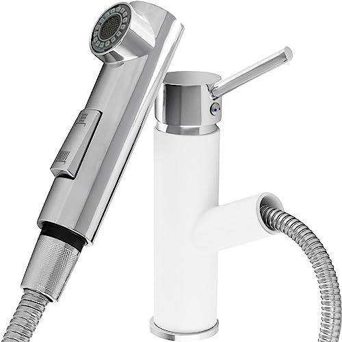 gospo Küchenarmatur, Einhebel Armatur in drei Farbversionen, ausziehbare Spültischarmatur aus Messing, Wasserhahn für Küche oder Badezimmer, Mischbatterie (Weiß)