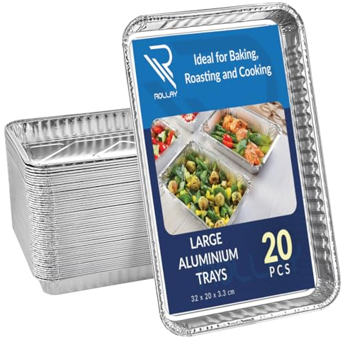 Rollay 20 Pack Large Aluminium Foil Trays (32x20x3.3 cm) - Tin Foil Trays Containers for Cooking, Baking, Broiling, Roasting, BBQ, and Party