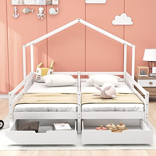 NNJN Hausbett, Doppelbett, Kinderbett, Gitterbett mit 2 MDF-Schubladen, Schubladen auf Rollen, Lattenrost aus Kiefer, (weiß 90x200cm)