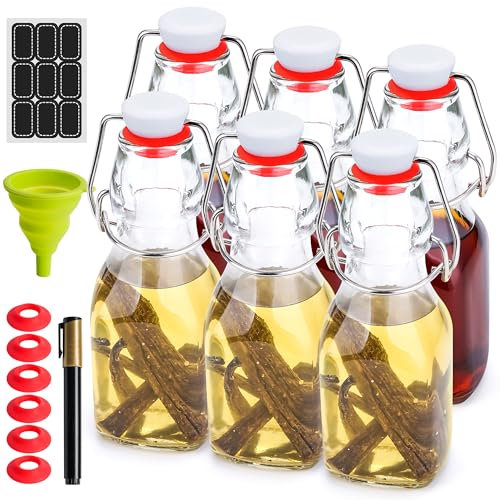 WILLDAN 4oz-6 Pack Swing Top Glass Bottles - Flip Top Brewing Bottles For Kombucha, Kefir, Vanilla Extract, Mead, Vinegar, Beer- Airtight Stopper Lids - Comes With Extra Gaskets, Funnel and Labels
