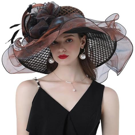 GIBZ Damen Blumen Fascinator Organza Hüte Große Krempe Elegant 1920er Jahre Hut für Teeparty Kirche Hochzeit, Braun