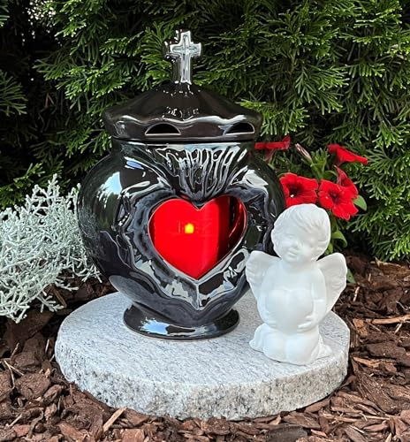 Grablaterne Herz mit Granitsockel und Engel Silber 26,0cm Grablicht Grabschmuck Grablampe Sockel Grabkerze Kerze Grableuchte Lampe Laterne Schutzengel Trauer Friedhof Garten Schutzengel
