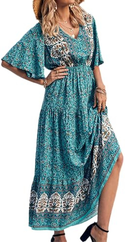 Vestido largo casual de verano para mujer, bohemio, floral, cuello en V, manga corta, estilo étnico, ropa de playa, vacaciones, vestido largo con vuelo, azul cian, S