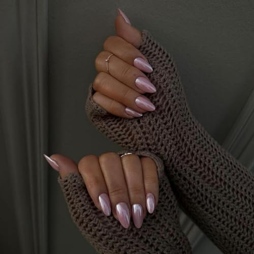 JUSTOTRY 24 Stück Chrome Pink Nägel Zum Aufkleben Kurz,Mandel Press on Nails Einfarbig Design,Glossy Oval Kunstnägel Fake Nails Mittel,French Mirror Fingernägel Künstliche Nägel für Frauen