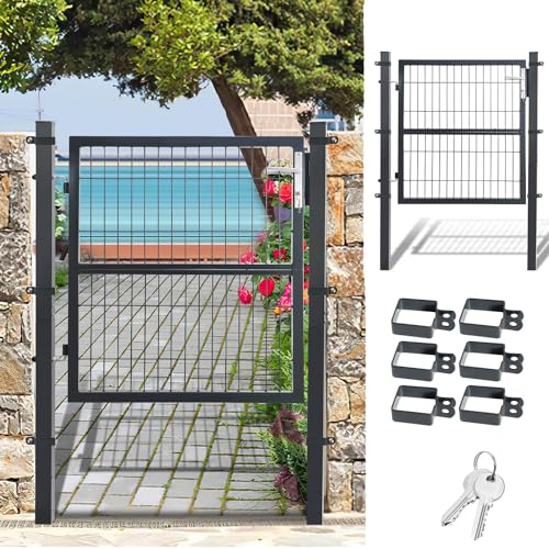 Fiqops Cancello da giardino, antracite, 100 x 100 cm, in acciaio zincato, porta del cortile, con serratura e 3 chiavi, recinzione robusta e durevole, resistente alle intemperie