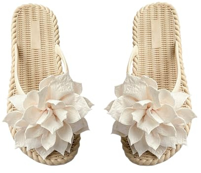 BVEBJDX Womens Flower Flip Flops Clearance UK,Ladies Beach Slides Bohemian Shoes Flat Sandals Open Toe Slippers Indoor House Shoe Faux Straw Flats Non-Slip Slide Summer Casual Slipper Pool Flip Flop