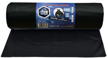 PAM-FOLIE Sacchi della spazzatura 840 l, 10 pezzi, grandi sacchi per rifiuti da costruzione, di alta qualità, 130 x 170 cm, 40 µm, sacchetti neri per rifiuti da costruzione, polistirolo