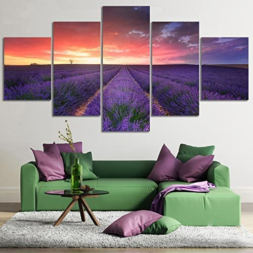 Bilder 5 Teilig Leinwandbilder Lavendel Blumen Sonnenuntergang Leinwanddrucke 5 Stück Wandkunst Leinwand Bilder Wohnzimmer Wohnkultur Wanddekoration 100 X 50 Cm / 39,37 X 19,68 Zoll -6N1N/Q4M3-6B3M/S5
