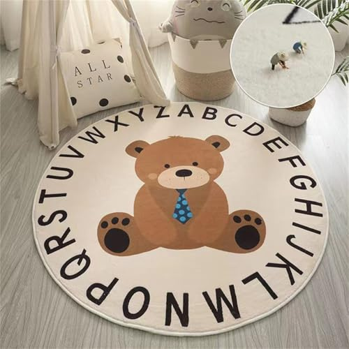 Herfair Kinderteppich Teppich Rund, Cartoon Tier Kinderteppich Kurzflor rutschfest Weiche Waschbare Teppich Kinderzimmerteppich Babymatte für Schlafzimmer Kinderzimmer Deko (Bär,100cm)