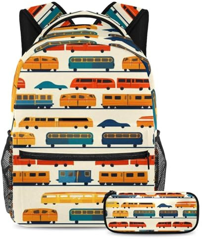 VAPOKF Schulranzen-Set mit Cartoon-Bus, Zug, Auto, Schulranzen-Set für Teenager, Mädchen, Jungen, Kinder, Schüler-Büchertasche, Rucksack mit Federmäppchen für die Grundschule, multi, Einheitsgröße,