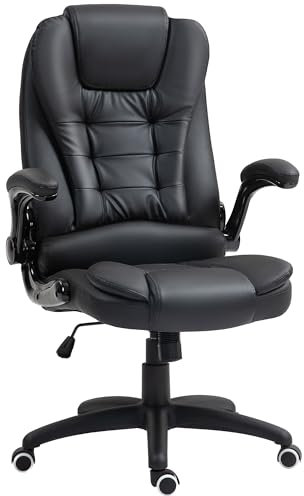 HOMCOM Bürostuhl, Ergonomischer Schreibtischstuhl mit hochklappbarer Armlehne, Höhenverstellbarer Drehstuhl mit Wippfunktion, Kunstleder, Gepolstert Computerstuhl, Chefsessel, Schwarz
