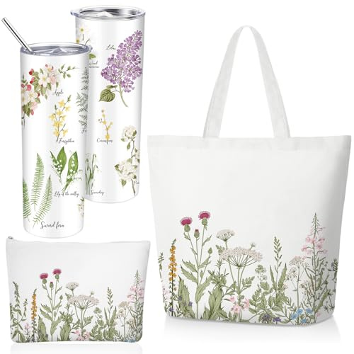 Teenyyou 3 Pcs Plant Lover Gifts Canvas Tote Bag for Women with 20oz Stainless Steel Tumbler Straw Lid Makeup Bag(White,Greenery)