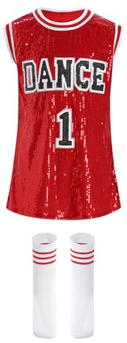 JEATHA Disfraz De Animadora para Niña Vestido Sin Manga Uniforme De Porristas Lentejuelas Vestido Brillante para Halloween Y Fiestas Rojo 9-10 años