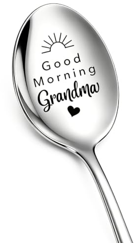HAFRILY Grandma Gifts from Grandchildren Engraved Tea Coffee Spoons for Grandma Mothers Day Birthday Best Grandma Gifts for Coffee Lover (Good Morning Grandma)