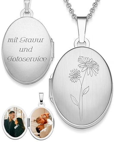 AMOONIC Medaillon Silber 925 oval mit Geburtsblume Gänseblümchen Geburtsmonat April | Foto Amulett Anhänger antik vintage | personalisierte Halskette Damen