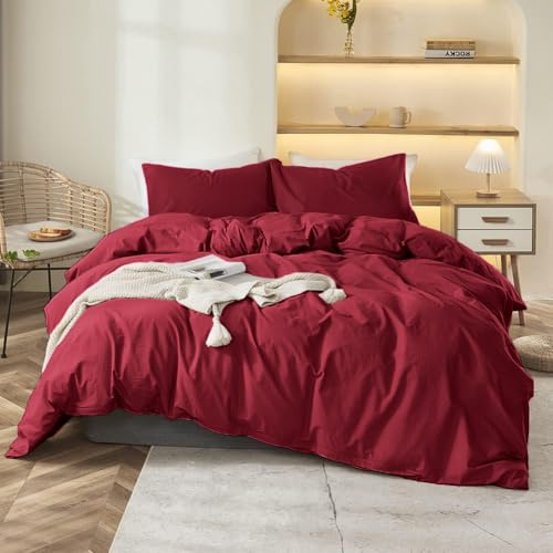 Covebett Bettwäsche 135x200 Rot Weinrot Uni Einfarbig Renforce Microfaser Bettbezug 2 Teilig Burgunderrot Unifarben Weich Bügelfrei Einzelbett Deckenbezug Reißverschluss und Kissenbezug 80x80 cm