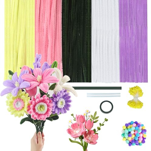 500 stycken piprengörare för pyssel med 5 färger (lila rosa grön gul vit), 350 dammblad vit med två pärlhuvuden, 25 blomtråd grön, 100 stycken 1 cm minipom poms för gör-det-själv hantverksprojekt
