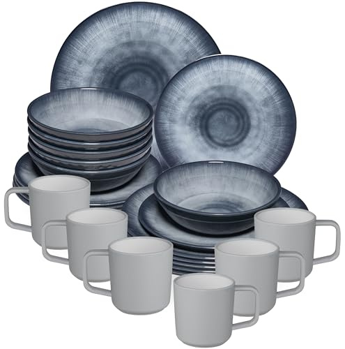 Service de table en mélamine Jesolo Gris pour 6 personnes - 24 pièces - avec tasses ABS-Kunststoff résistantes à 90° avec fonction antidérapante - Aspect grès émaillé Passe au lave-vaisselle Vaisselle