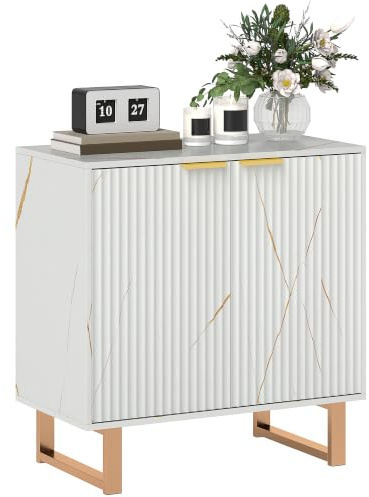 HOMCOM Sideboard Storage Cabinet, Marble Effect, 2 Fluted Doors, White | Adjustable Shelves, Buffet, Coffee Bar Cabinet, Metal Legs, Living Room