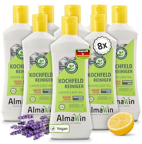 AlmaWin® Kochfeld Reiniger [8x 250ml] für die kraftvolle Ceranfeld-Reinigung - Glaskeramik Reiniger mit Lavendel-Zitronen-Duft - Herdreiniger für Ceranfeld, Induktionskochfeld, Glaskeramik - VEGAN