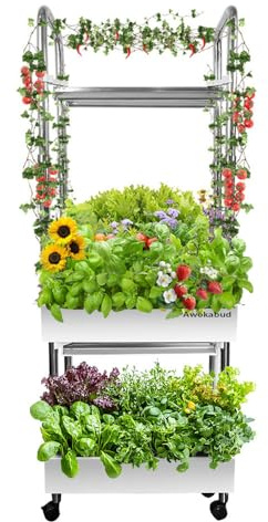 2-Tier Hydroponics Growing System for Tall & Climbing Plants, Awokabud Planters for Flowers and Plants,Indoor Herb Garden Kit with Adjustable LED Grow Light, Automatic Water Circulation-32 Pods