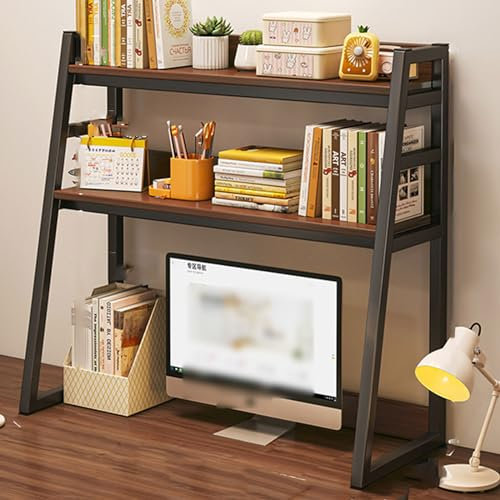 Computer-Schreibtisch-Bücherregal – 2-stöckiges Industrie-Leiterregal mit Metallrahmen, freistehendes Aufbewahrungs-Display-Organizer-Regal für Wohnzimmer, Schl(Walnussfarbe + Schwarz - 55 cm)
