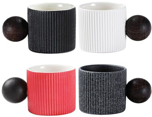 Lot de 4 mini tasses à expresso en céramique de 60 ml avec poignées en bois, design antidérapant et anti-brûlure, petites tasses de couleurs assorties pour boissons chaudes et froides