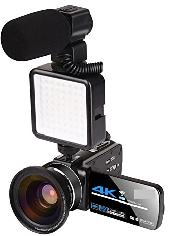 Cámara de Video, 4k 56mp Cámara de video Camcorder Vlogging Cámara Digital Vlogging Cámara con 3.0 pulgadas Hd Pantalla táctil / Visión nocturna / Micrófono externo WiFi(16GB SD Card,Camera-Mic-Lens-L