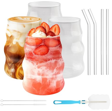 Zosenyer Lot de 4 Verres à Bulles en Verre 530ml avec Pailles et Brosses Verres à Vague en Verre Transparent, Tasses à Café Glacé, Verres à Cocktail, Café Glacé, Jus, Smoothie, BoireVerre