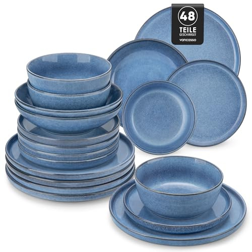 Steingut Geschirrset 12 Personen, vancasso ANYA Blau Teller Set Modern 48 teilig,Tafelservice mit Speiseteller, Suppenteller, Desserttellern, Schüsseln, Geschirr Set Spülmaschinen und Mikrowellenfest