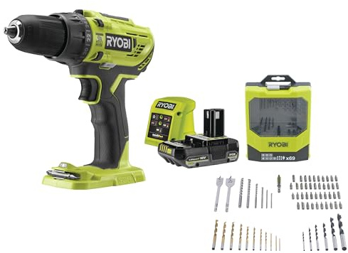 Ryobi - Perceuse-visseuse à percussion 18V - 2 vitesses - 50 Nm - mandrin 13 mm livrée avec 1 batterie 2Ah, chargeur, Coffret 69 Pièces (Vissage et Perçage) - R18PD32-1C20G69MIX