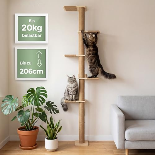 WOOWOOD Kratzbaum Wand, Höhe anpassbar bis 206 cm, Kratzsäule Wandmontage | Sehr stabil, natürliches Juteseil, Kratzpfosten 360° drehbar, Plattformen schwenkbar, Höhe anpassbar, kleine Stellfläche