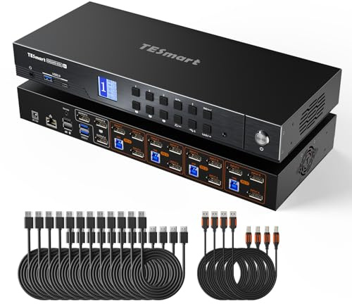 TESmart 4K@144Hz Displayport KVM Switch 3 Monitors 4 Computers USB 3.0 | DP 1.4 Triple Monitor 4 Port KVM 8K@60Hz, Support EDID, Gigabit Network, Hotkey Switch, VRR, All Input Cables