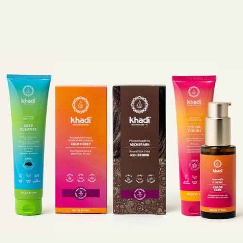 khadi Pflanzenhaarfarben ColorCycle Bundle – ASCHBRAUN Pflanzenhaarfarbe + Deep Cleanse Shampoo + Color Finish Conditioner + Color Care Haaröl + Color Prep Vorpigmentierung