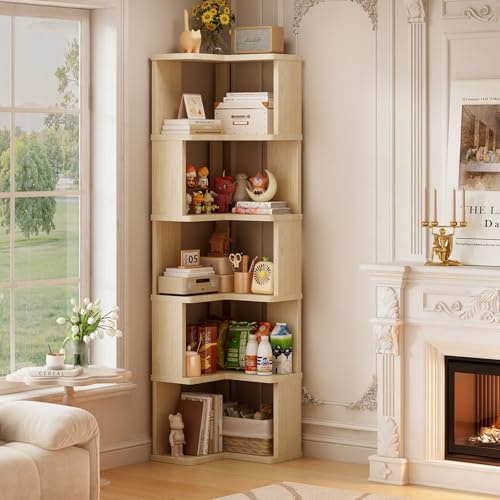 Cvvovilx 5-stöckiges Bücherregal in L-Form, Massivholz-Eckregal mit Schutzleisten, Offenes Präsentationsregal-vielseitige Aufbewahrung für Home Office, Wohnzimmer, Schlafzimmer