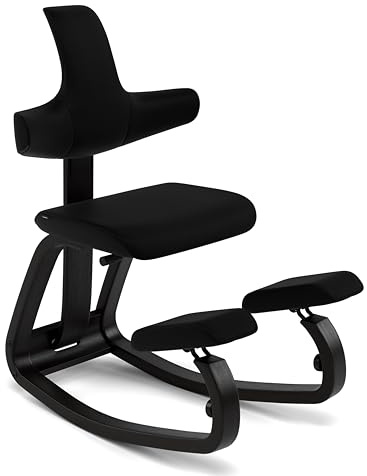 Varier Thatsit Schwarz/Schwarz Ergonomischer Kniestuhl Höhenverstellbar mit Rückenlehne und Holzrahmen aus Buche für Aktives Sitzen – 10 Jahre Qualitätsgarantie