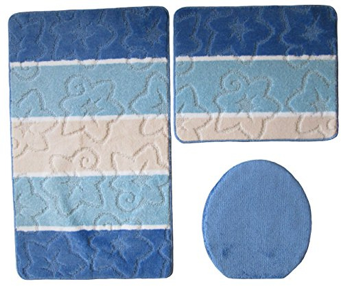 Orion Badgarnitur 3 TLG. Set 50x80 cm Mehrfarbig gestreift, WC Vorleger ohne Ausschnitt für Hänge-WC (blau hellblau Creme)