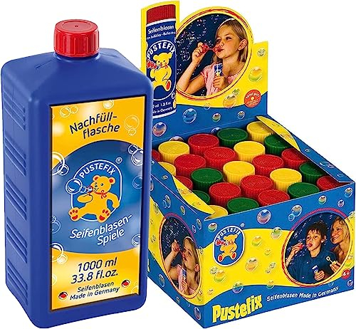 PUSTEFIX Original Seifenblasen Kombi-Set (25 Seifenblasen Dosen + Nachfüllflasche) für Kinder - Bunt, Langlebig, Vielseitig - Ideal für Geburtstage, Sommerfeste & mehr
