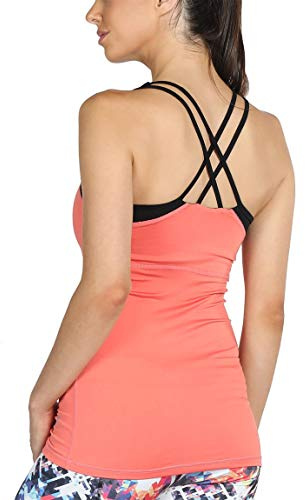 icyzone Damer 2 i 1 sport yoga toppar med bh – gymskjortor fitness träning linne, korall, L