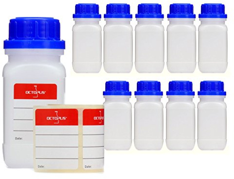 Octopus 10 Weithalsflaschen 100 ml aus HDPE, UN-zugelassen | Bruchfeste Laborflasche mit weiter Öffnung, leicht zu befüllen und für kleine Materialmengen geeignet