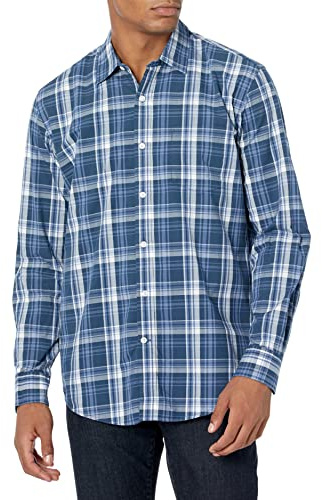 Amazon Essentials Men's Långärmad ledig poplinskjorta med normal passform, Marinblå Medium rutig, XXL
