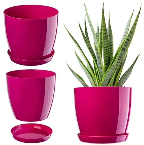 KADAX Élégant pot à fleurs/plantes avec soucoupe Forme ronde et élégante En plastique léger Pour l’intérieur et la maison Cache-pot pour fleurs, plantes Ø 14 cm Amaranrot
