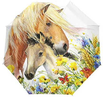 RXYY Aquarell Pferd Floal Blumes Schmetterling Falten Auto Öffnen Schließen Regenschirm für Frauen Männer Jungs Mädchen Winddicht Kompakt Reise Leicht Regen Regenschirm