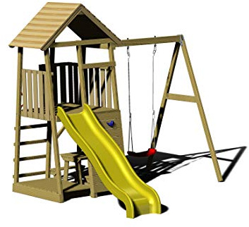 Wendi Toys J7 Spielturm Holz für Kinder – Kletterturm mit Rutsche, Schaukel & Picknicktisch, Sandkasten, Balkon & Kletterwand – Outdoor Garten Spielhaus FSC-Holz, wetterfest, 120 cm Plattformhöhe