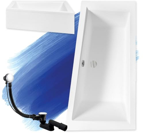 BADLAND Badewanne Original Weiß Acryl Wanne Eckbadewanne INTIMA 150x85 Rechts KOMPLETTSET SET mit Weiß Acrylschürze + Füßen und Exklusive Chrom Automatik Ablaufgarnitur Made in EU 4in1