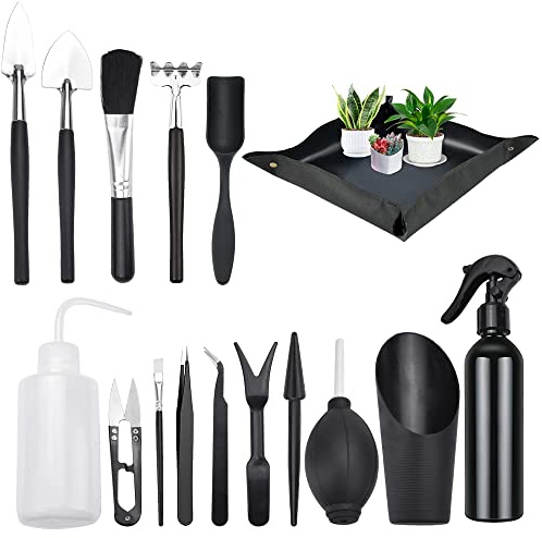 JUNMEIDO Gartenwerkzeug Set,15 Teiliges Bonsai Werkzeugset 1 Wasserdichte Und Faltbare Pflanzmatte, Pflanzen Werkzeug Set Mini Gärtner Set für Bonsai Sukkulenten Gartengeräte Indoor Garten Topfpflanz