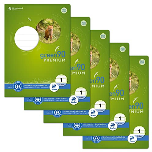 Staufen Green Heft - DIN A4, Lineatur 1 (5/5/5mm liniert farbig), 16 Blatt, 90g/m² Recyclingpapier, runde Ecken verhindern „Eselsohren“, 4 verschiedene Motive (keine Auswahl möglich), 5 Stück