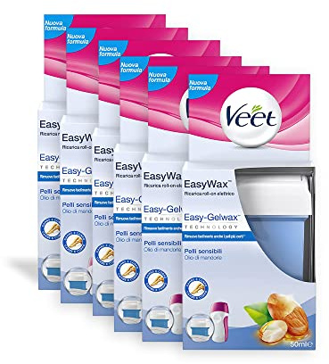 Veet Roll-On Enthaarungswachs Nachfüllpackung für Beine und Arme empfindliche Haut, 50 ml, mit Mandelöl, 6 x 50 ml