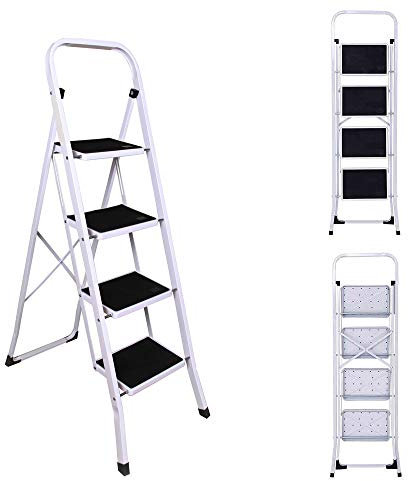 Scala a gradini pieghevole a 4 gradini - Scala a forbice con tappetino antiscivolo, scale multifunzione leggera per casa, ufficio, cucina, capacità 330 libbre